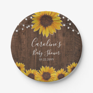 Rustic Sunflowers String Lights Wood Baby Shower Paper Plates