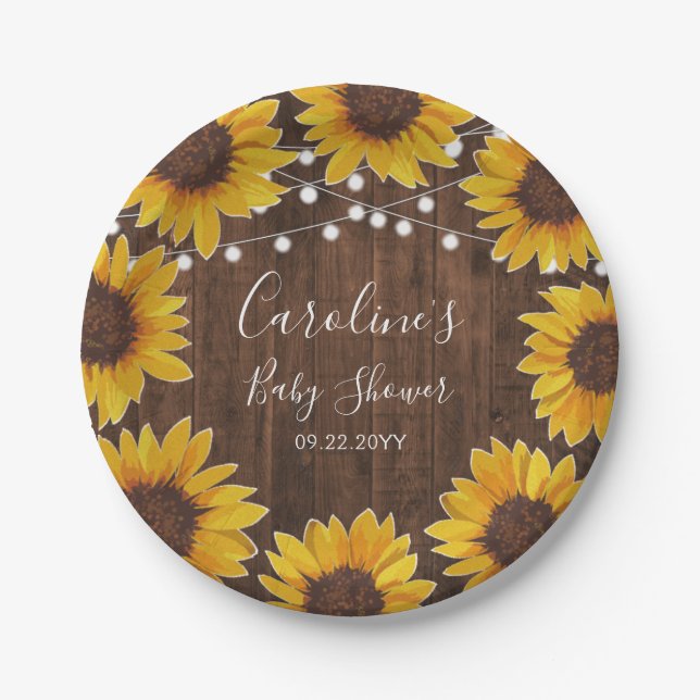 Rustic Sunflowers String Lights Wood Baby Shower Paper Plates (Front)