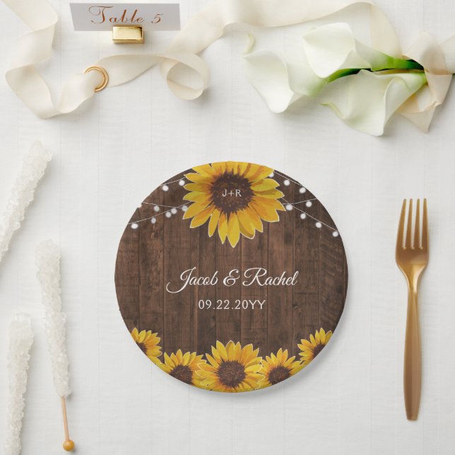 Rustic Sunflowers String Lights Wood Bridal Shower Paper Plates (Wedding)