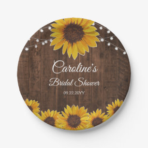 Rustic Sunflowers String Lights Wood Bridal Shower Paper Plates