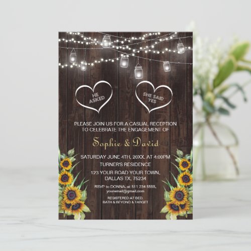 Rustic Sunflowers String Lights Wood Engagement Invitation