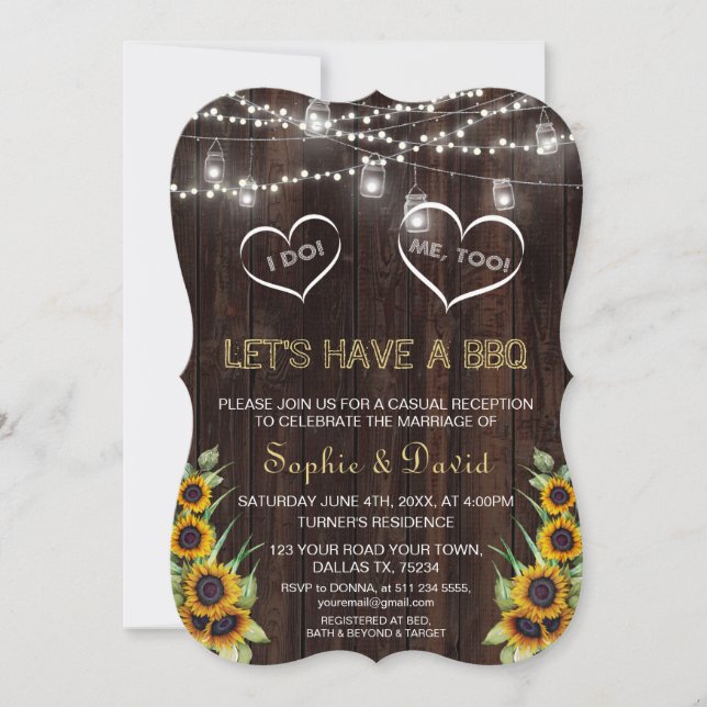 Rustic Sunflowers String Lights Wood I DO BBQ Invitation (Front)