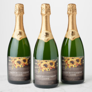 Rustic Sunflowers String Lights Wood Sparkling Wine Label