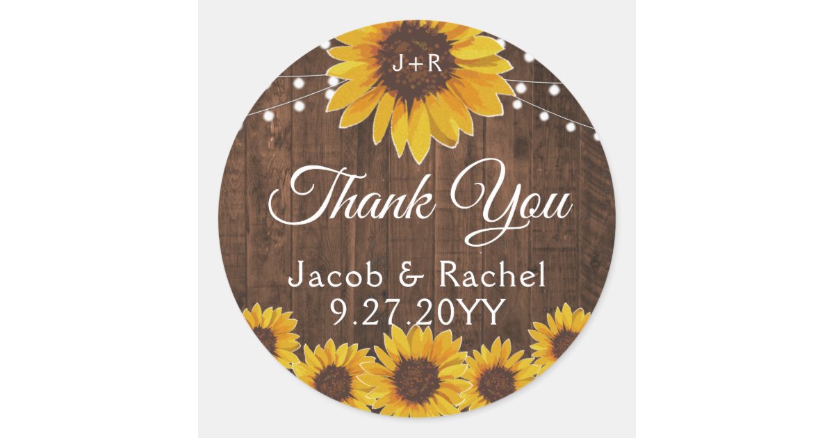 Rustic Sunflowers String Lights Wood Wedding Classic Round Sticker | Zazzle
