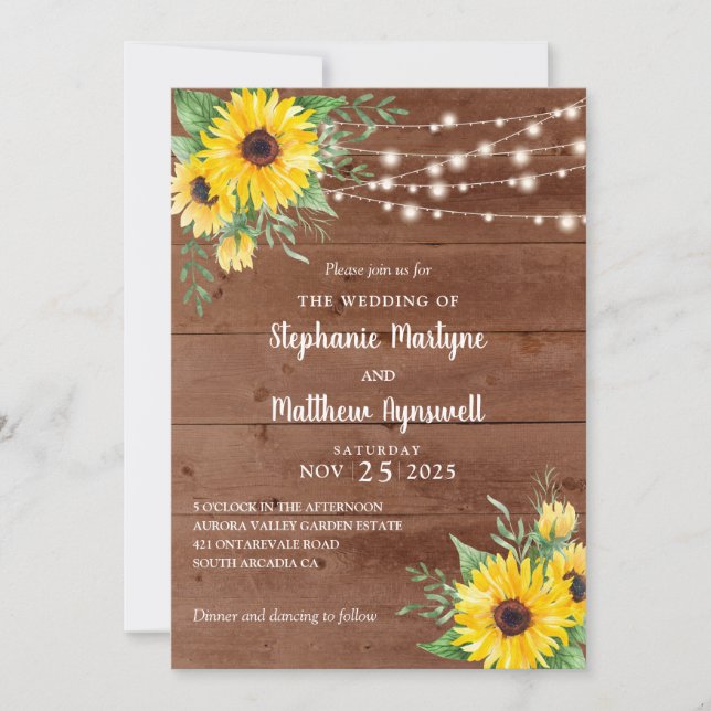 Rustic Sunflowers String Lights Wood Wedding Invitation (Front)