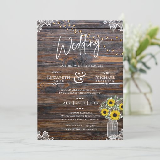 Rustic Sunflowers Strings Lights Invitation Weddin Zazzle