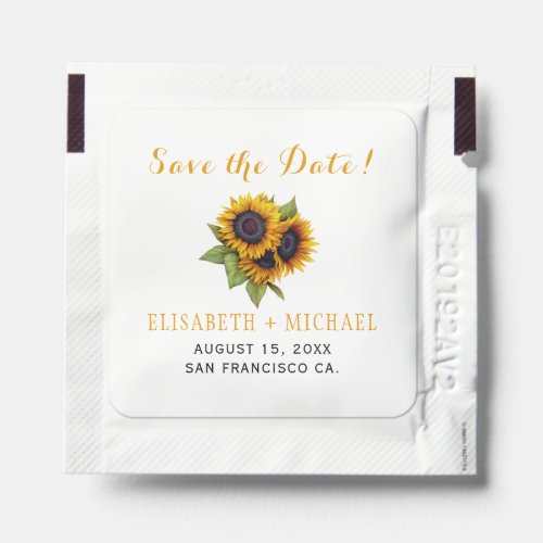 Rustic sunflowers summer wedding save the date hand sanitizer packet
