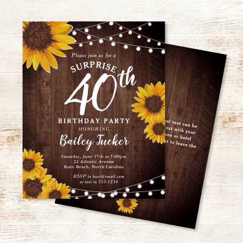 Rustic Sunflowers Surprise 40th Birthday Invite