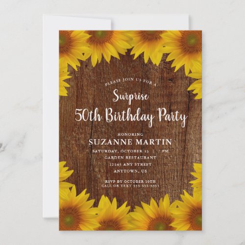 Rustic Sunflowers  Surprise 50th Birthday Party Invitation