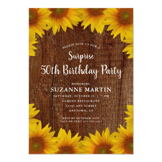 Rustic Sunflowers Surprise 50th Birthday Party Invitation
