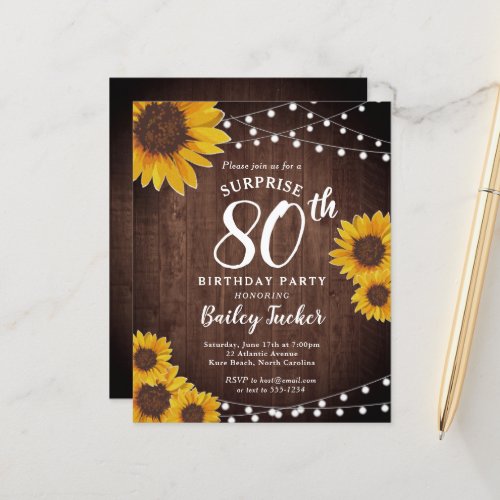 Rustic Sunflowers Surprise 80th Birthday Invite