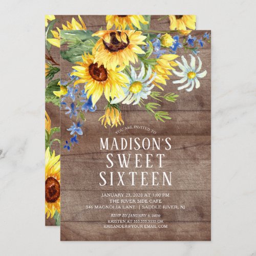 Rustic Sunflowers Sweet Sixteen Birthday Party Invitation