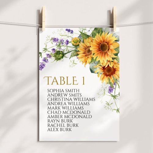 Rustic Sunflowers Table Number 1 Seating Chart