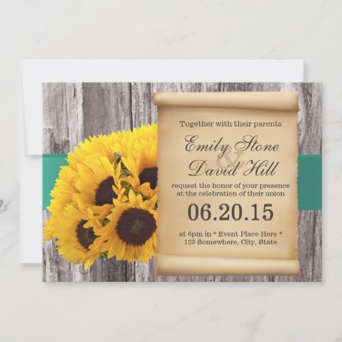 Rustic Sunflowers Teal Belt Wedding Invitations 5" X 7" Invitation Card