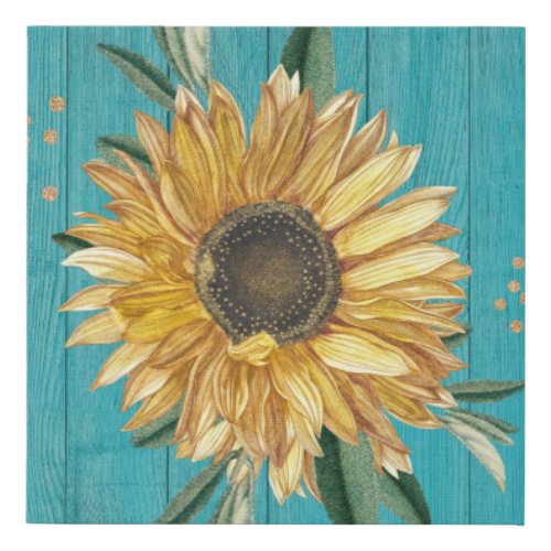 Rustic sunflowers  Teal Blue Barn Wood Country Cot Faux Canvas Print