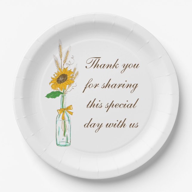 Rustic Sunflowers Thank You Country Floral Wedding Paper Plates (Front)