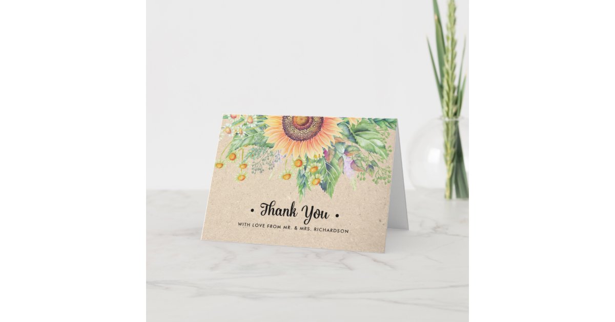 Rustic Sunflowers Thank You Wedding Card | Zazzle