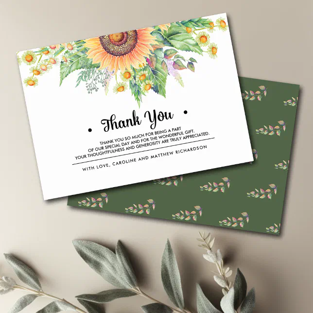 Rustic Sunflowers Thank You Wedding Card | Zazzle