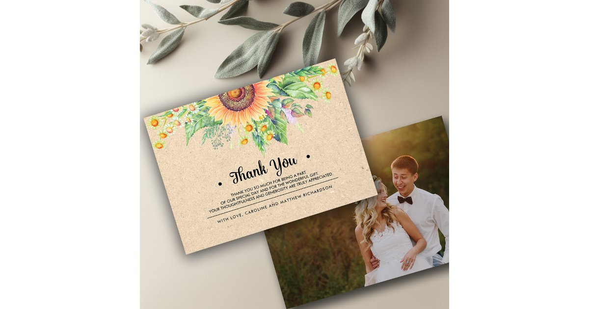 Rustic Sunflowers Thank You Wedding Photo Cards | Zazzle