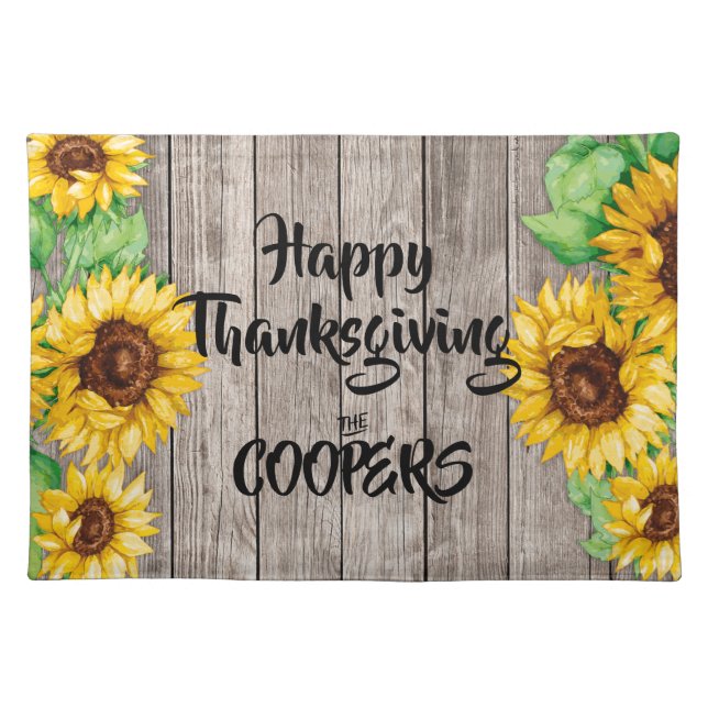 Rustic Sunflowers Thanksgiving Personalized Name Cloth Placemat (Front)