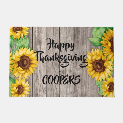 Rustic Sunflowers Thanksgiving Personalized Name Doormat
