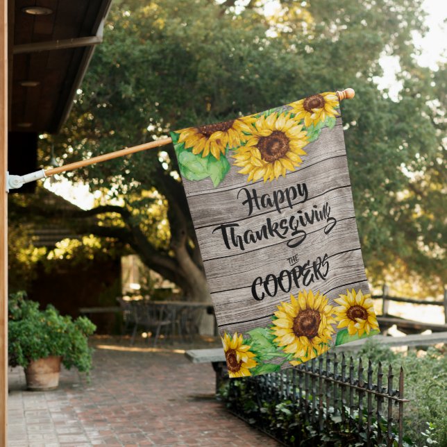 Rustic Sunflowers Thanksgiving Personalized Name House Flag (In SItu)