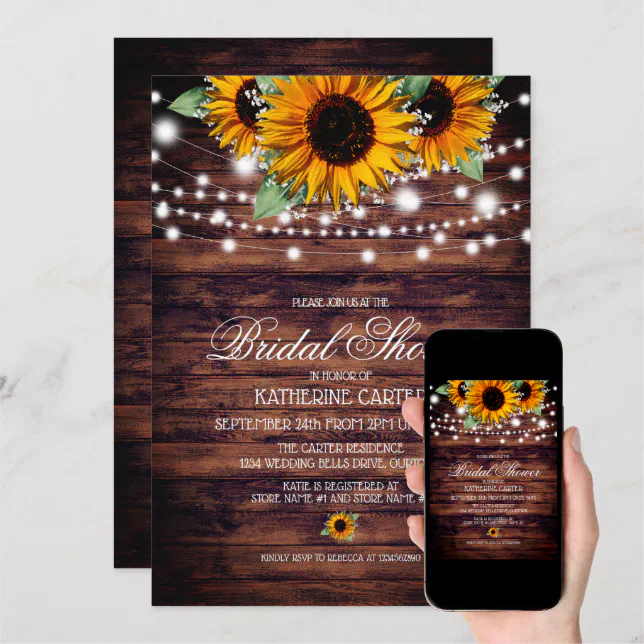 Rustic Sunflowers Twinkle Lights Bridal Shower Invitation | Zazzle