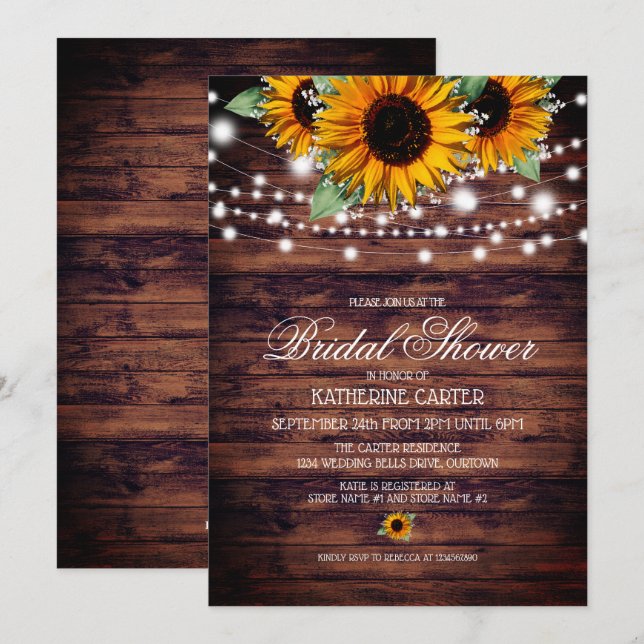Rustic Sunflowers Twinkle Lights Bridal Shower Invitation (Front/Back)