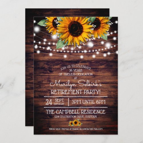 Rustic SunflowersTwinkle Lights Retirement Party Invitation