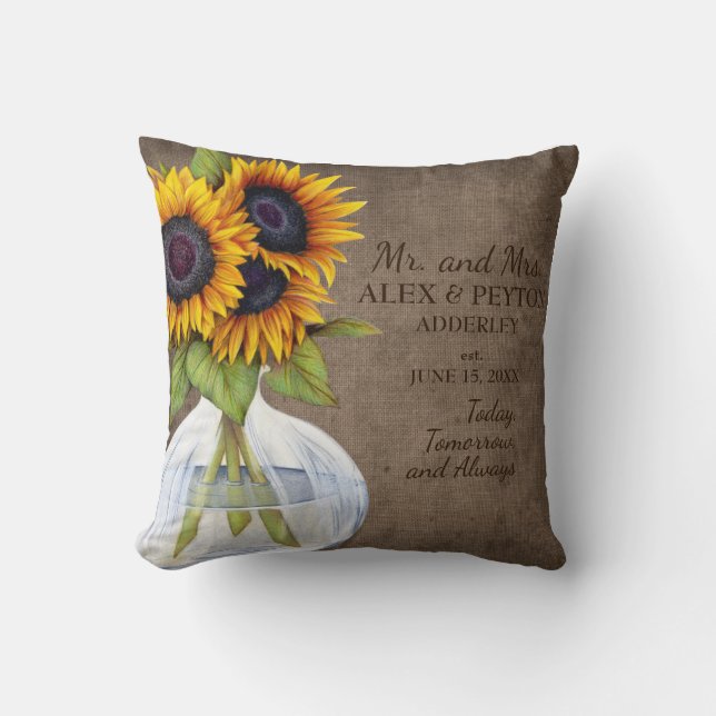 Rustic Sunflowers Vase Burlap Wedding Date Throw Pillow (Front)