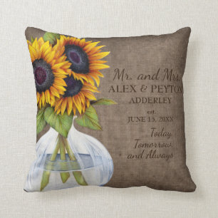 Rustic Sunflowers Vase Burlap Wedding Date Throw Pillow