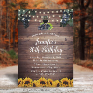 Rustic Sunflowers Vineyard Wine 30th Birthday Invitation