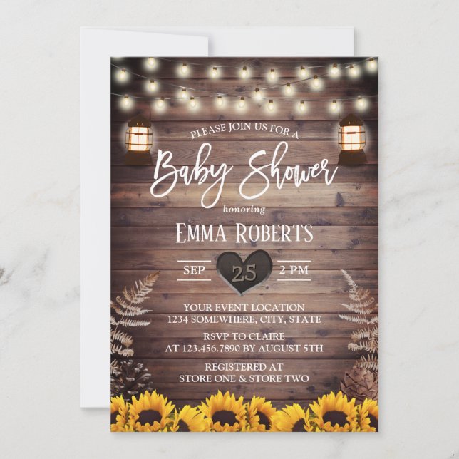Rustic Sunflowers Vintage Lantern Baby Shower Invitation (Front)