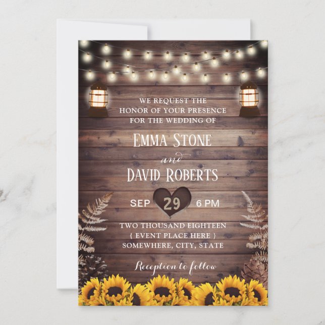 Rustic Sunflowers Vintage Lantern Fall Wedding Invitation (Front)