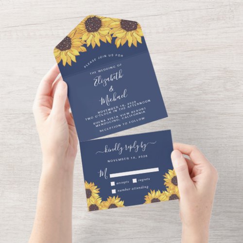 Rustic Sunflowers Watercolor Blue Wedding All In One Invitation