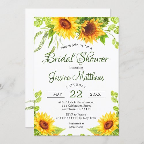 Rustic Sunflowers Watercolor Bridal Shower Invitation