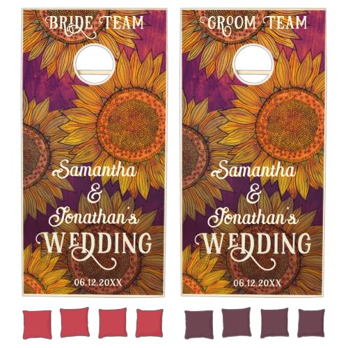  Rustic Sunflowers Watercolor Burgundy Boho Custom Cornhole Set