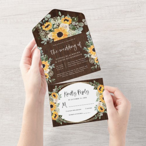 Rustic Sunflowers  Watercolor Floral Wedding All In One Invitation