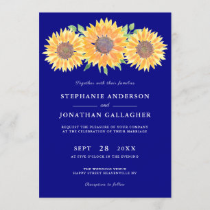 Rustic Sunflowers Watercolor Navy Blue Wedding Invitation