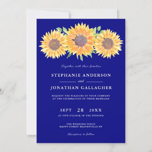 Rustic Sunflowers Watercolor Navy Blue Wedding Invitation