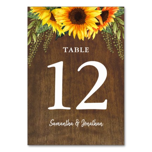 Rustic Sunflowers  Watercolor Wedding Table Number