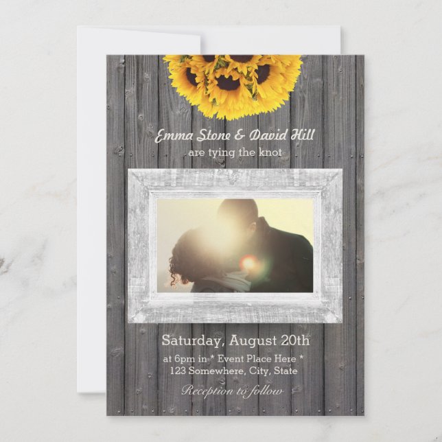 Rustic Sunflowers Weathered Wood Photo Wedding Invitation (Front)