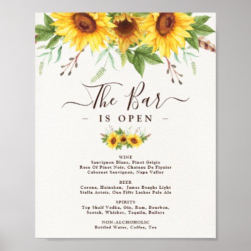 Rustic Sunflowers Wedding Bar Signature Drinks Poster