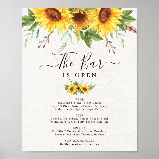 Rustic Sunflowers Wedding Bar Signature Drinks Poster (Front)