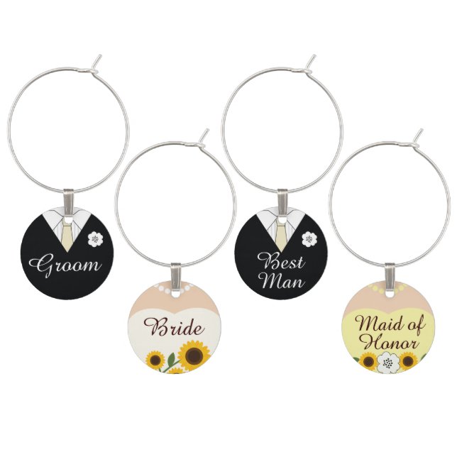 Rustic Sunflowers Wedding Bridal Party Wine Charm (Staggered)
