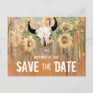 Rustic Sunflowers Wedding Bull Skull Save The Date Announcement Postcard