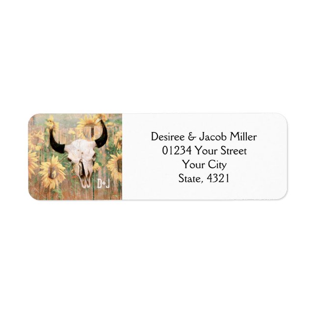 Rustic Sunflowers Wedding Bull Skull Save The Date Label (Front)