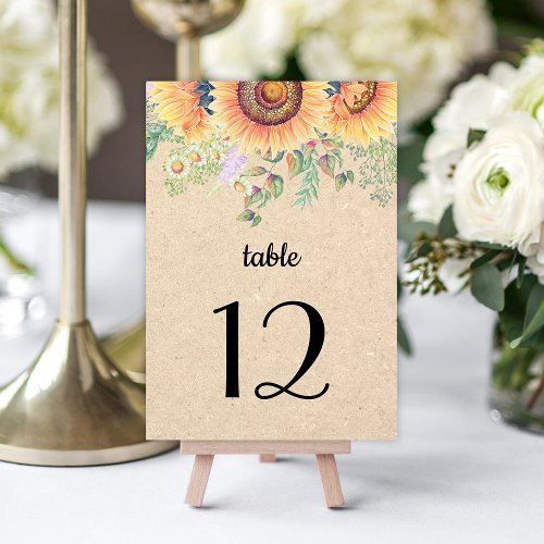 Rustic Sunflowers Wedding Table Number Cards