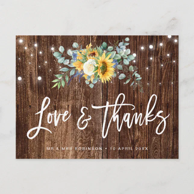Rustic sunflowers wedding thank you card | Zazzle