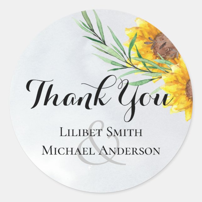 Rustic Sunflowers Wedding Thank You Favor Classic Round Sticker (Front)